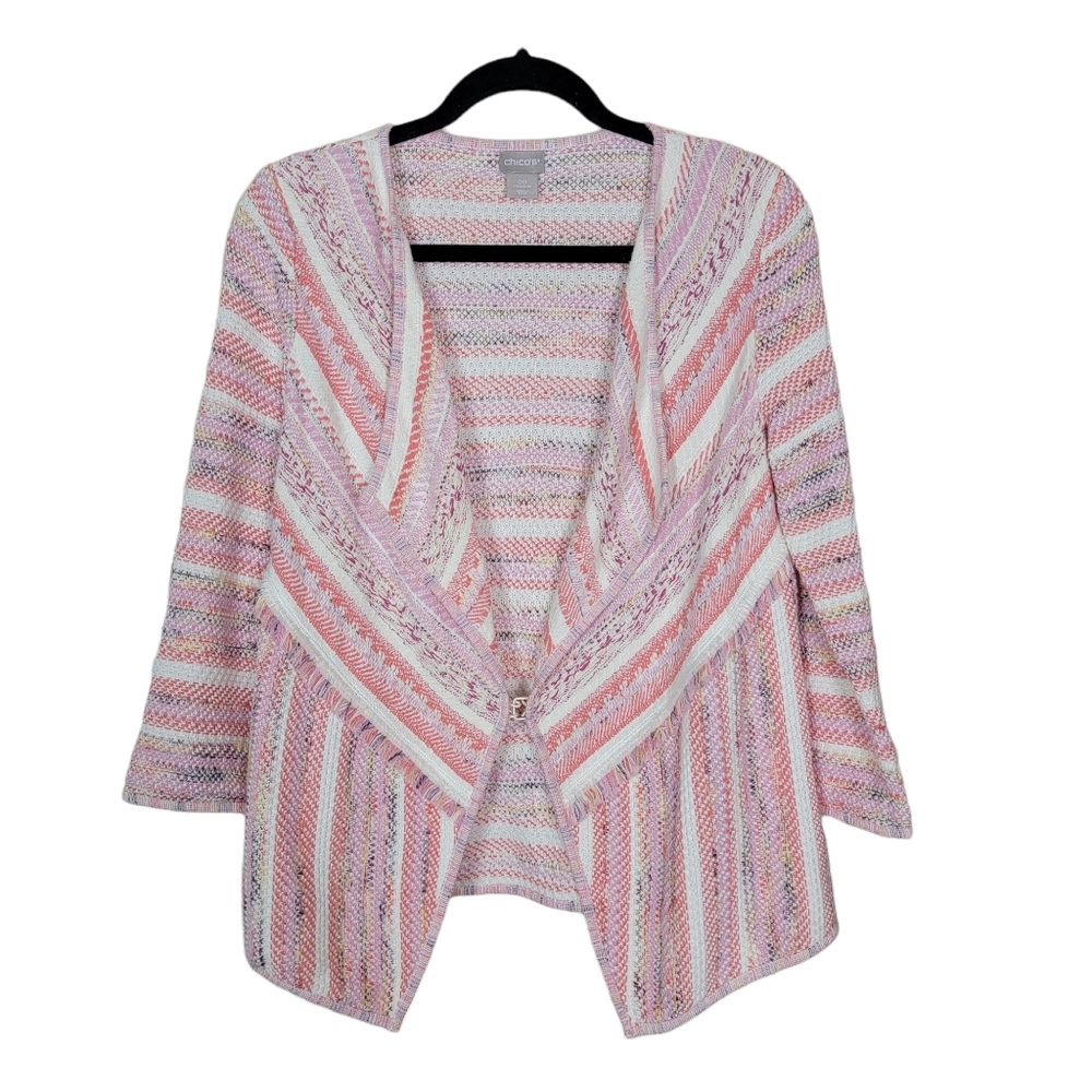Chicos Womens Pink‎ Striped Tweed Drape-Front Cardigan Size XS